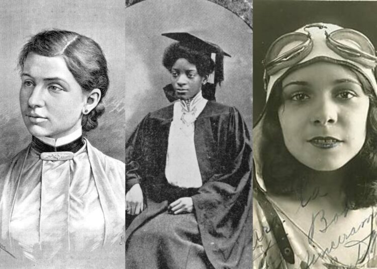 res mujeres-maravilla: Laura Martínez, científica; Consuelo Serra, pedagoga; Berta Moraleda, aviadora. Fotomontaje.