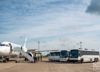 Los migrantes deportados llegan en autobuses hasta la pista, a metros de la escalera del avión. Foto: Kaloian.