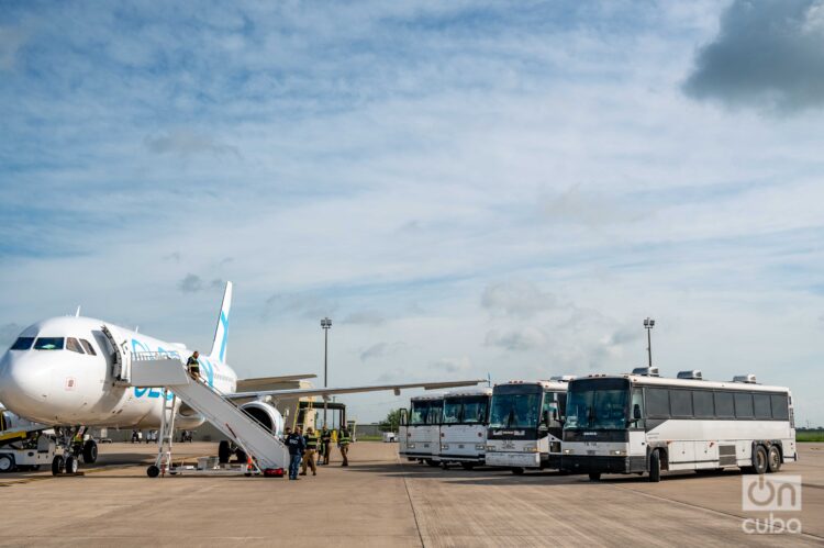 Los migrantes deportados llegan en autobuses hasta la pista, a metros de la escalera del avión. Foto: Kaloian.