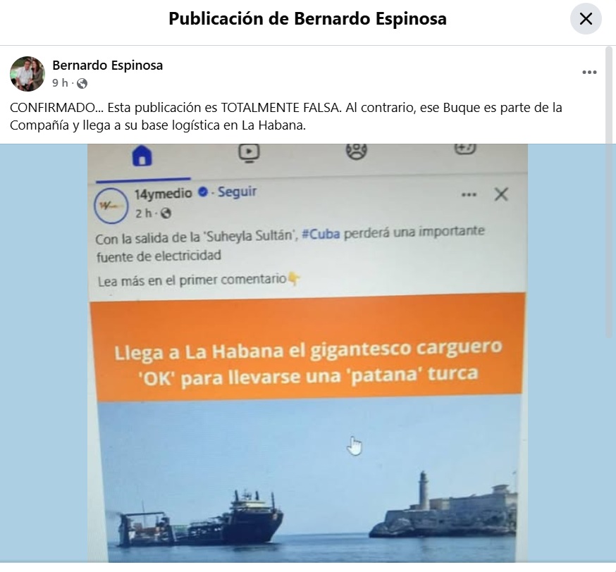 Captura de pantalla de la publicación del periodista Bernardo Espinosa en Facebook que desmiente la inminente partida de las patanas turcas de La Habana.