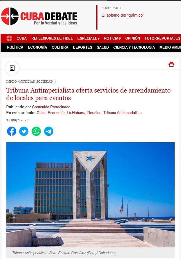 Captura de pantalla de la publicación de Cubadebate sobre el alquiler de espacios de la Tribuna Antimperialista de La Habana, luego despublicado.