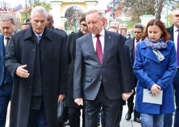 El presidente cubano Miguel Díaz-Canel conversa con el gobernador de San Petersburgo, Alexander Beglov. Foto: X @DiazCanelB