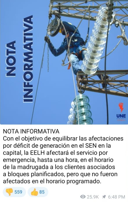 Publicación en Telegram de la Empresa Eléctrica de La Habana.