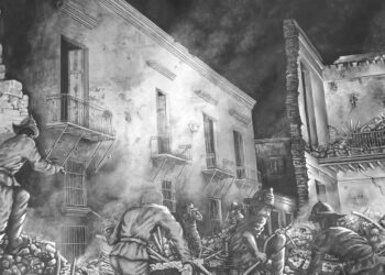 Litografía del incendio de la ferretería de Isasi, la noche del 17 de mayo de 1890. Foto: Archivo del autor.