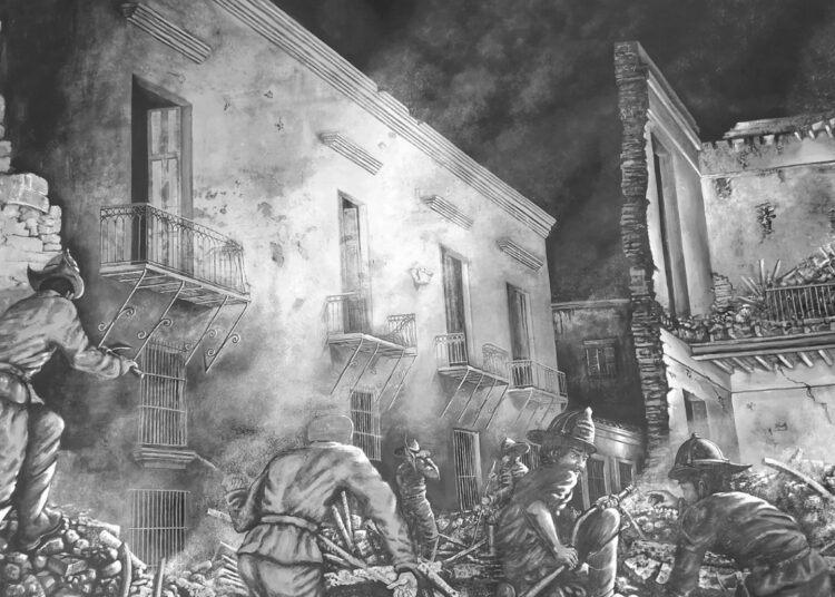 Litografía del incendio de la ferretería de Isasi, la noche del 17 de mayo de 1890. Foto: Archivo del autor.