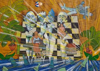 “Ajedrez”, 2025. Acrílico sobre tela, 80 x 100 cm. Pieza de Alicia Leal intervenida por Diana Balboa.