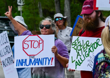 Una manifestación este sábado frente al centro de detención de migrantes Alligator Alcatraz en Ochopee, Florida. Foto: EFE/ Giorgio Viera.