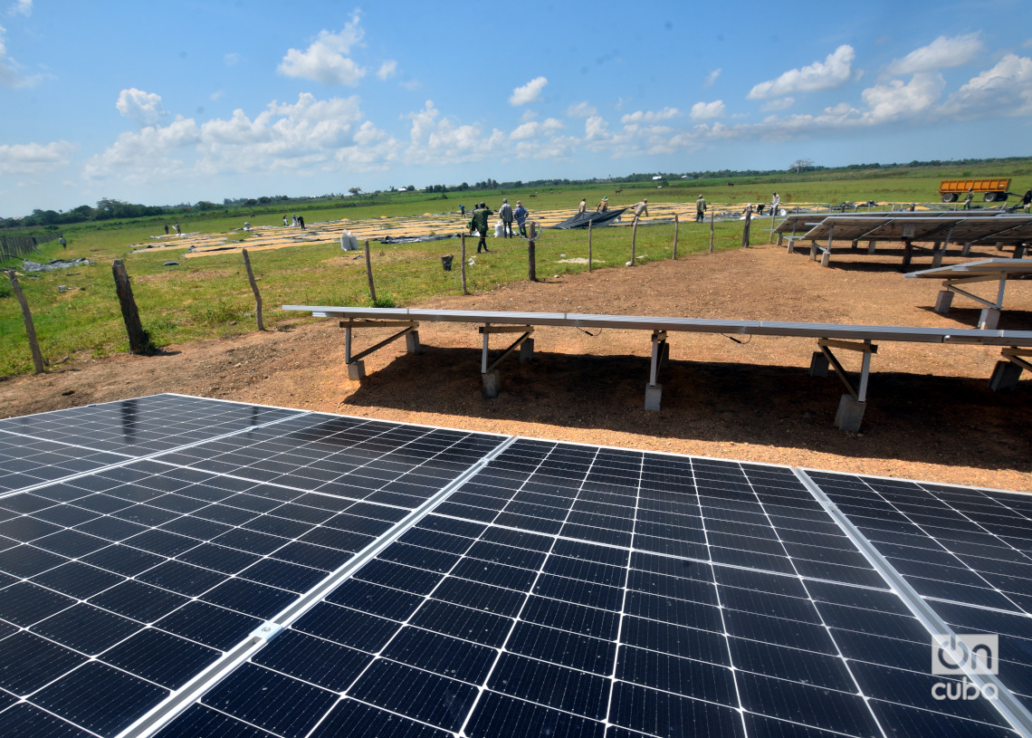 Parque solar cercano a una zona de secado de arroz en Los Palacios, Pinar del Río. Foto: Otmaro Rodríguez.