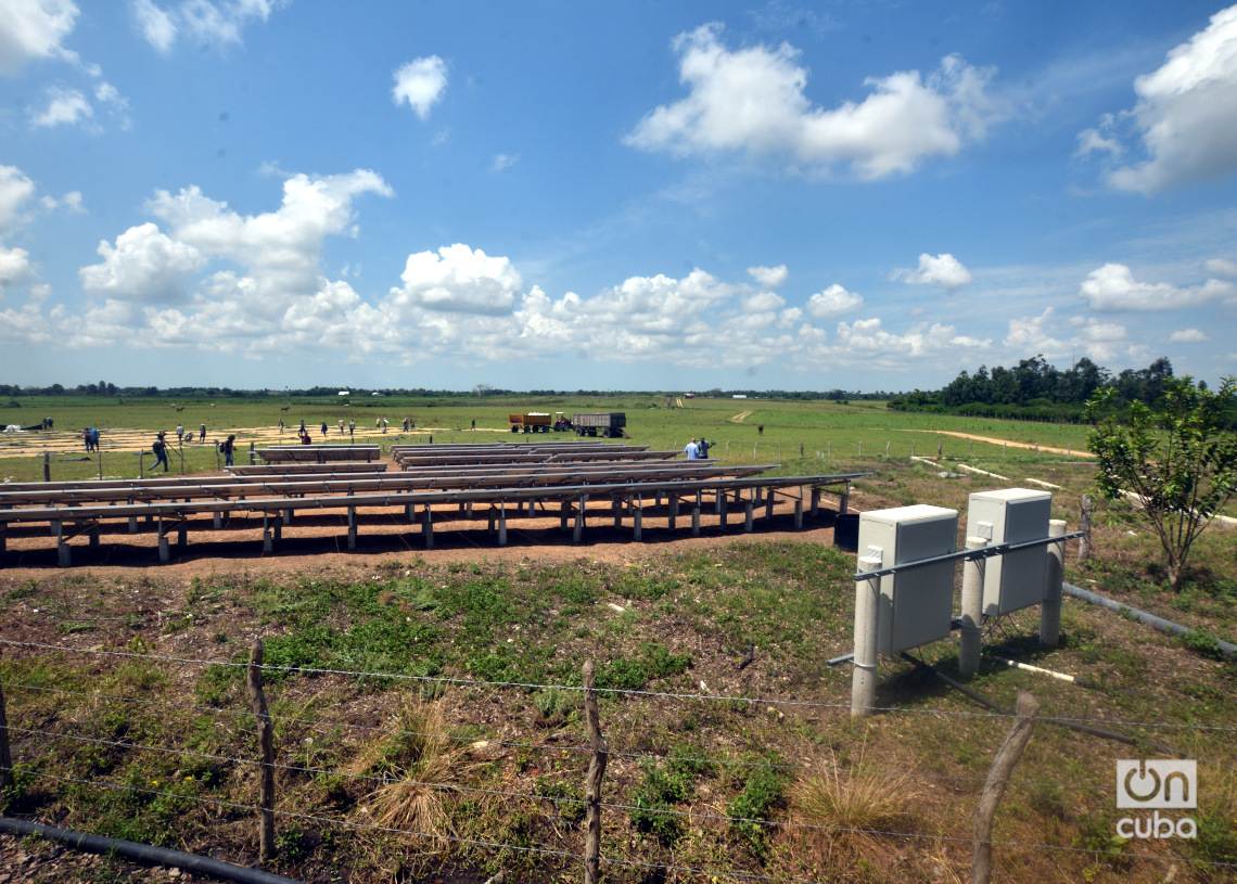 Parque solar cercano a una zona de secado de arroz en Los Palacios, Pinar del Río. Foto: Otmaro Rodríguez.