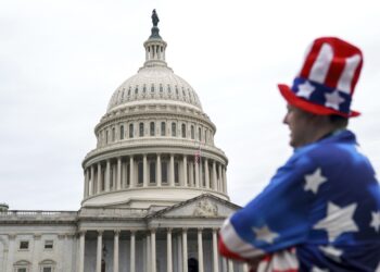 Un hombre viste un disfraz con la bandera de EEUU, parado ante el congreso. Foto: WILL OLIVER/EFE/EPA.