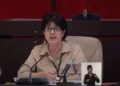 La ya exministra de Trabajo y Seguridad Social de Cuba, Marta Elena Feitó Cabrera, durante su muy cuestionada intervención ante una comisión de la Asamblea Nacional, que derivó en su renuncia. Foto: Captura de video.