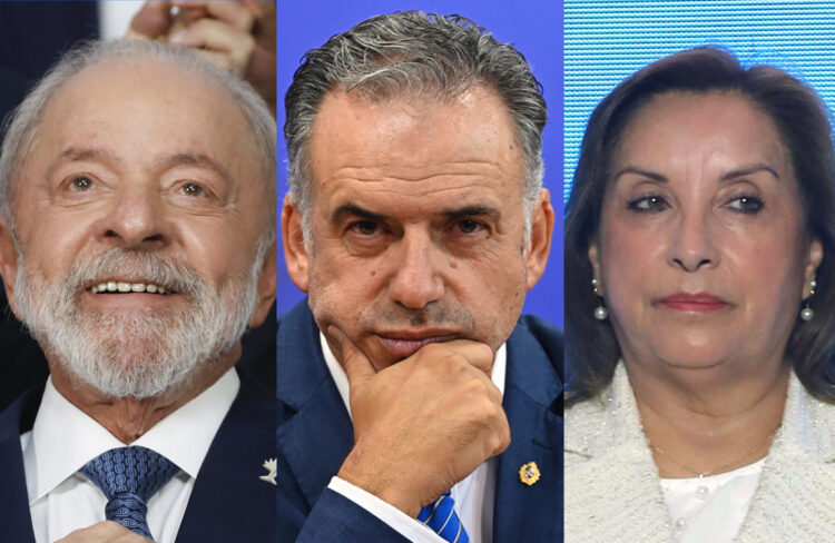 Combo de fotografías de archivo del presidente de Brasil, Luiz Inácio Lula da Silva (i), el presidente de Uruguay, Yamandu Orsi (c), y la presidenta de Perú, Dina Boluarte. Fotos: Antonio Lacerda/ Federico Gutierrez/Paolo Aguilar/EFE.