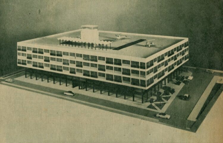 Maqueta del edificio polifuncional en cuya azotea radicaría la Terminal de Helicópteros de La Habana Vieja. Foto: “Información”, 25 de diciembre de 1958. Tomada de Repositorio Digital OHC.
