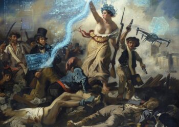 Imagen recreada con Wishk/IA, a partir del cuadro "La libertad guiando al pueblo" de Eugène Delacroix.