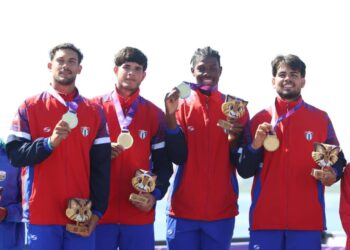 Miembros del equipo cubano de remo que conquistó el título en la modalidad de cuatro par de remos cortos en los Juegos Panamericanos Junior de Asunción 2025. Foto: Facebook JIT Deporte Cubano