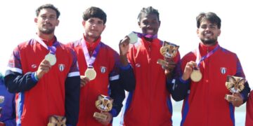 Miembros del equipo cubano de remo que conquistó el título en la modalidad de cuatro par de remos cortos en los Juegos Panamericanos Junior de Asunción 2025. Foto: Facebook JIT Deporte Cubano