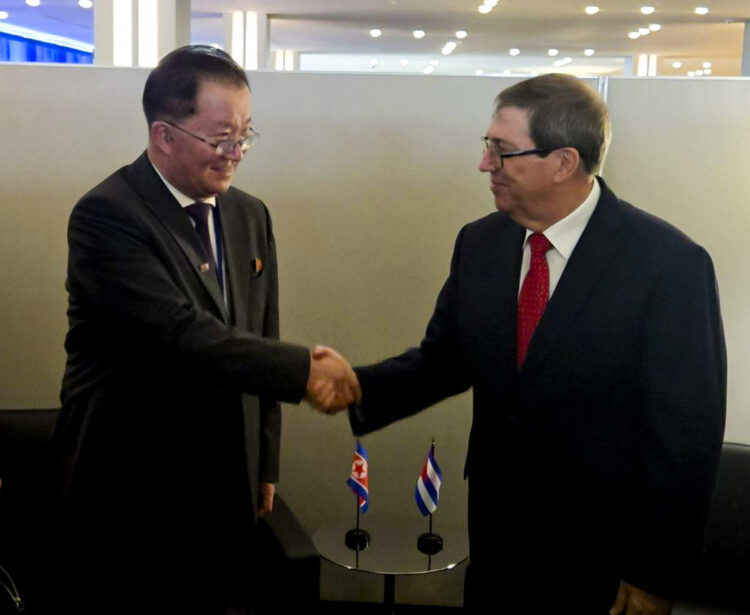 Bruno Rodríguez dialoga con el viceministro de Exteriores norcoreano, Kim Son-gyong, durante su encuentro celebrado el pasado 27 de septiembre en el marco de la Asamblea General de la ONU, en Nueva York. Foto: EFE.
