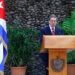 El canciller de Cuba, Bruno Rodríguez, habla durante la presentación del informe sobre el costo del embargo de Estados Unidos a Cuba, en la Habana, el 17 de septiembre de 2025. Foto: Juan Palop / EFE.