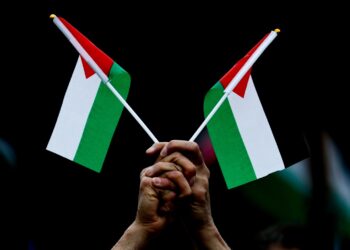 Manos con banderas palestinas durante una manifestación. Foto: FILIP SINGER/EFE/EPA.
