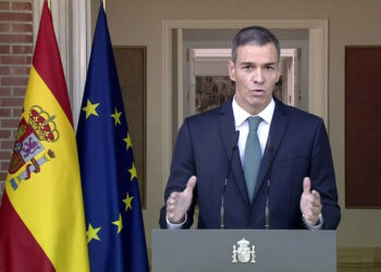 Captura de video de la señal institucional de la comparecencia del presidente del Gobierno de España, Pedro Sánchez, en el Palacio de la Moncloa, para anunciar nueve medidas contra genocidio de Israel en Gaza, el 8 de septiembre de 2025. Foto: Moncloa / EFE.