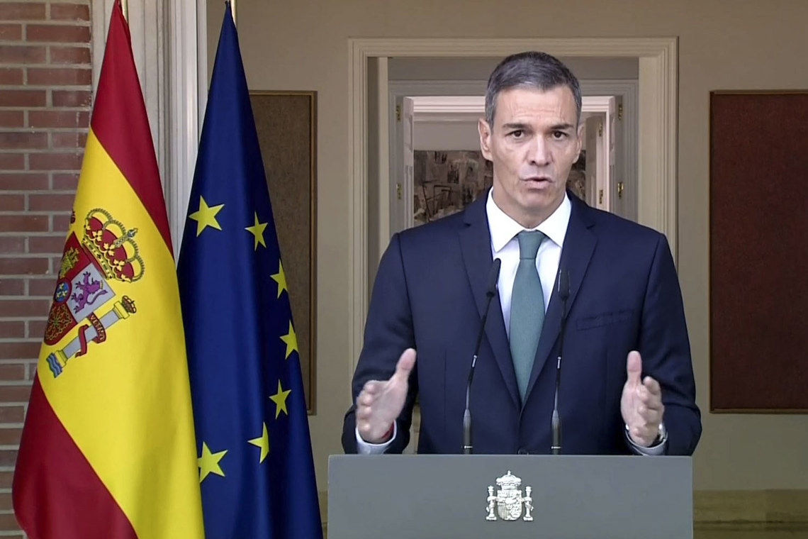 Captura de video de la señal institucional de la comparecencia del presidente del Gobierno de España, Pedro Sánchez, en el Palacio de la Moncloa, para anunciar nueve medidas contra genocidio de Israel en Gaza, el 8 de septiembre de 2025. Foto: Moncloa / EFE.