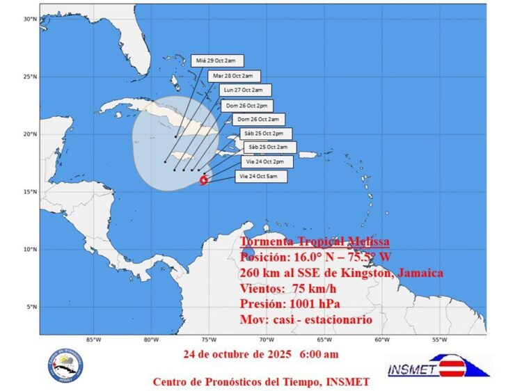 Posible trayectoria de la tormenta tropical Melissa. Gráfico: Insmet.