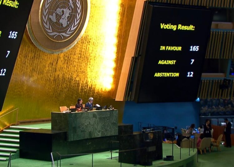 Resultado de la votación en la ONU contra el bloque. Foto: Tomada del perfil de X de Bruno Rodriguez Parrilla.