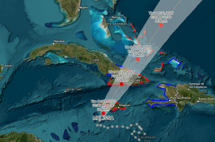 Posible trayectoria del huracán Melissa. Mapa del Centro Nacional de Huracanes de EE.UU., 28 de octubre,12:30 pm