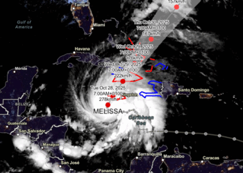 Posible trayectoria del huracán Melissa. Mapa del Centro Nacional de Huracanes de EE.UU., 28 de octubre, 5:00 am.