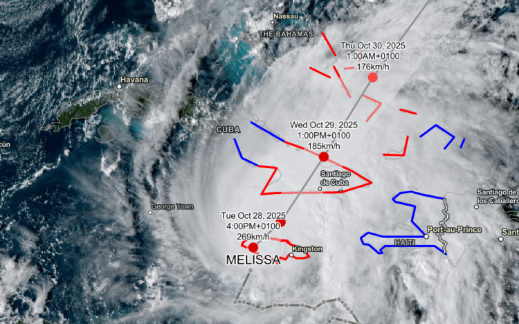 Posible trayectoria del huracán Melissa. Mapa del Centro Nacional de Huracanes de EE.UU., 28 de octubre, 5:00 pm.