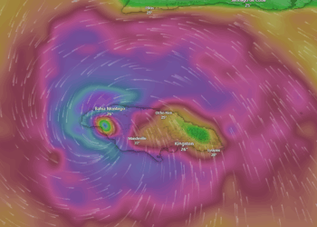 El ojo del huracán Melissa ya está sobre la isla de Jamaica. 28 de octubre 1 pm. Mapa: Windy.