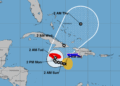 Mapa del Centro Nacional de Huracanes de Estados Unidos. Situación de la tormenta tropical melissa a las 8:00 AM EDT (1200 UTC) de este sábado 25 de octubre.