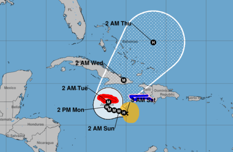 Mapa del Centro Nacional de Huracanes de Estados Unidos. Situación de la tormenta tropical melissa a las 8:00 AM EDT (1200 UTC) de este sábado 25 de octubre.
