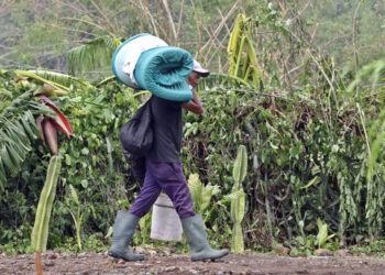 Un hombre carga una colchoneta en el municipio de Guama, en Santiago de Cuba tras el paso del huracán Melissa. Foto: Ernesto Mastrascusa / EFE.