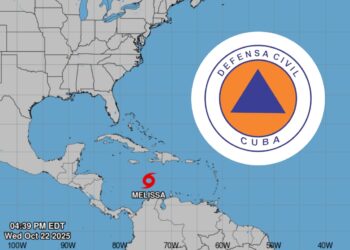 Mapa intervenido del Centro Nacional de Huracanes con la posición de la tormenta tropical Melissa a las 4:39 P.M. EDT.