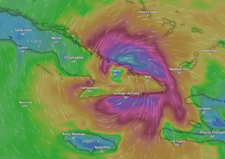 El ojo del huracán Melissa sobre territorio cubano. 29 de octubre, 7:00 am. Mapa: Windy.