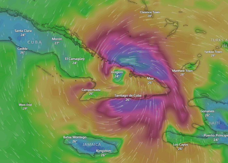 El ojo del huracán Melissa sobre territorio cubano. 29 de octubre, 7:00 am. Mapa: Windy.