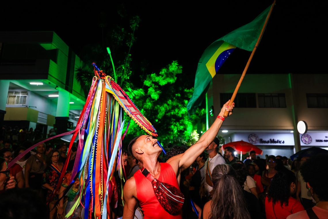 Una persona sostiene la bandera de Brasil durante una celebración en las calles por la detención del expresidente Jair Bolsonaro. Foto: Vinicius Santa Rosa / EFE.