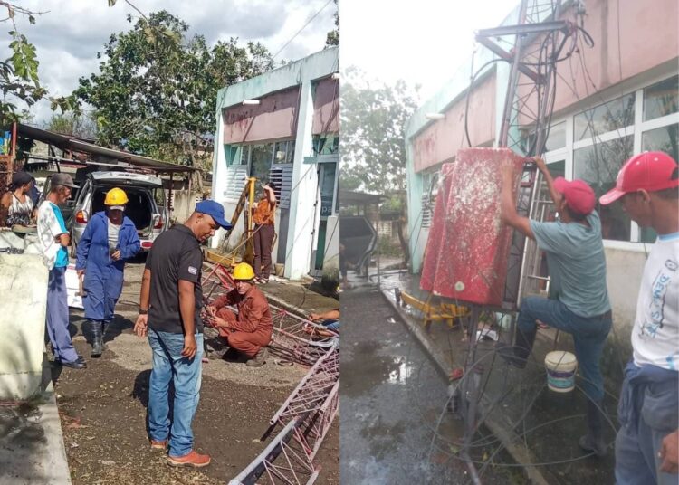 Técnicos de Radio Cuba  en reparaciones de antenas de radio y televisión tras el paso de Melissa en el oriente cubano. Foto: Facebook/Radio Cuba.