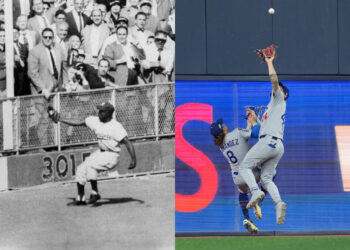 Setenta años de diferencia entre las atrapadas de Sandy Amorós (izquierda) y Andy Pagés (derecha), ambas para salvar a los Dodgers en la Serie Mundial.