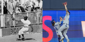 Setenta años de diferencia entre las atrapadas de Sandy Amorós (izquierda) y Andy Pagés (derecha), ambas para salvar a los Dodgers en la Serie Mundial.