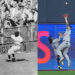 Setenta años de diferencia entre las atrapadas de Sandy Amorós (izquierda) y Andy Pagés (derecha), ambas para salvar a los Dodgers en la Serie Mundial.