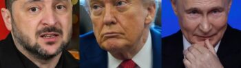 Los presidentes de Rusia, Vladímir Putin (d); EE.UU., Donald Trump; y Ucrania, Volodímir Zelenski. Imagen: Fotomontaje a partir de fotos de EFE.