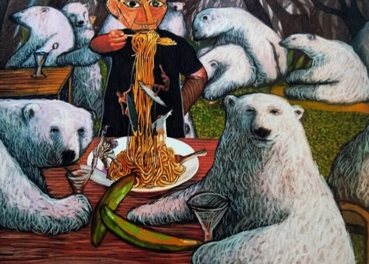 Carlos René Aguilera. “Cena bucólica”, 2025. mixta sobre papel, 21 x 25 cm.