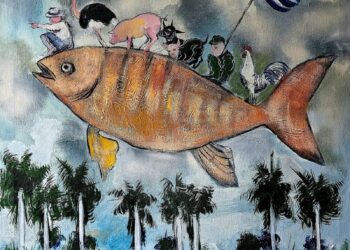 “El pargo”, 2025. Mixta sobre lienzo, 34 x 34 pulgadas.