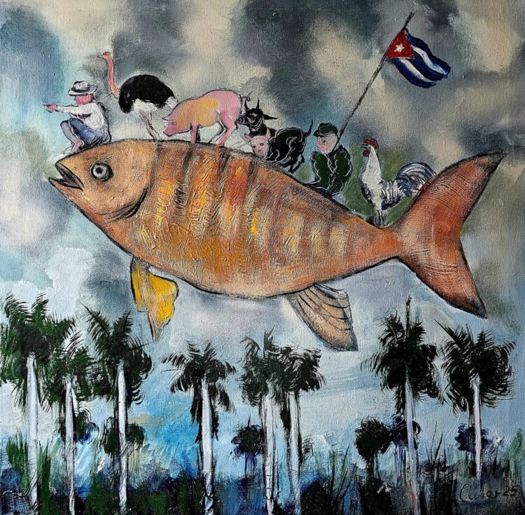 “El pargo”, 2025. Mixta sobre lienzo, 34 x 34 pulgadas.