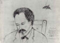 Otra plumilla de Bernardo Figueredo en que aparentemente se ve a Martí dormido durante el viaje en tren que compartieron en diciembre de 1893.