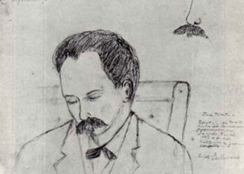 Otra plumilla de Bernardo Figueredo en que aparentemente se ve a Martí dormido durante el viaje en tren que compartieron en diciembre de 1893.