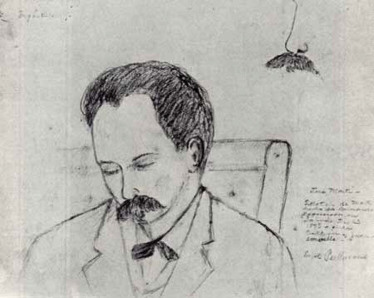 Otra plumilla de Bernardo Figueredo en que aparentemente se ve a Martí dormido durante el viaje en tren que compartieron en diciembre de 1893.