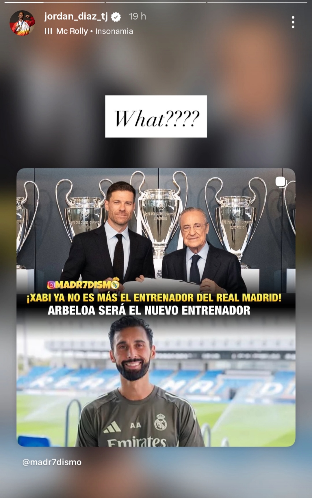 Reacción en Instagram del saltador cubano Jordan Díaz al despido de Xabi Alonso como entrenador del Real Madrid. 